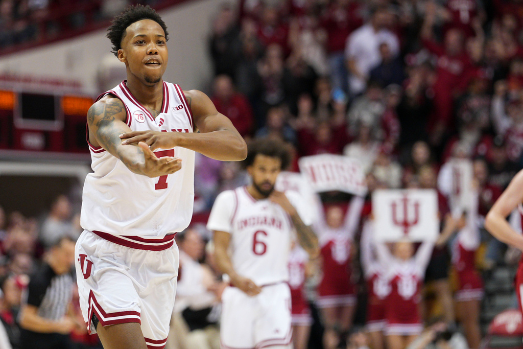 Indiana guard Nick Dorn (7) reacts to making a three-point shot against Nebraska during the first half of an NCAA college basketball game in Bloomington, Ind., Saturday, Jan. 10, 2026. (AP Photo/AJ Mast)