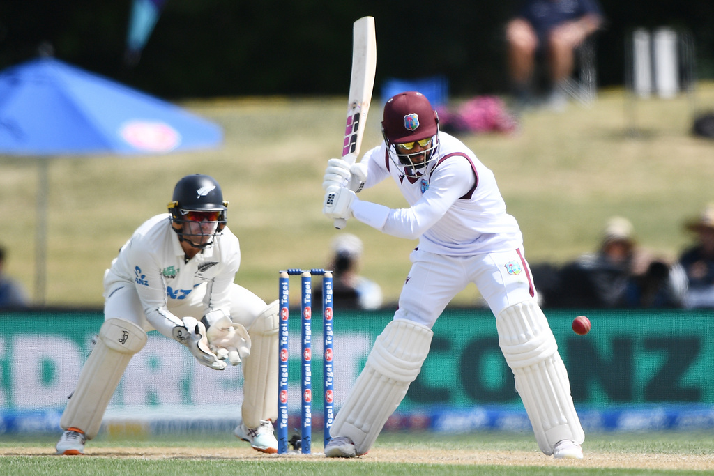 West Indies' Shai Hope bats against New Zealand on Day 4 of their cricket test match in Christchurch, New Zealand, Friday, Dec. 5, 2025. (Chris Symes/Photosport via AP)