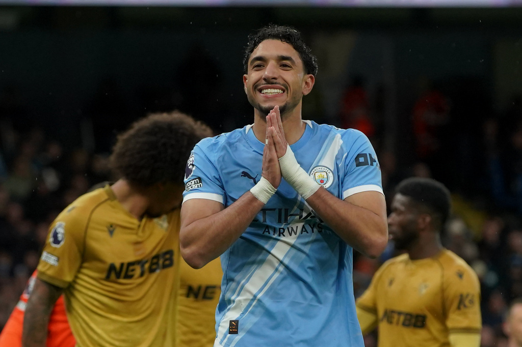Manchester City's Omar Marmoush reacts during the English Premier League soccer match between Manchester City and Crystal Palace in Manchester, England, Wednesday, May 13, 2026. (AP Photo/Ian Hodgson)