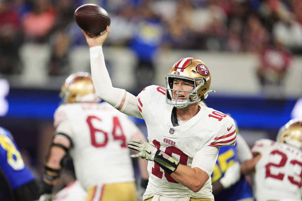 San Francisco 49ers quarterback Mac Jones passes against the Los Angeles Rams during the second half of an NFL football game, Thursday, Oct. 2, 2025, in Inglewood, Calif. (AP Photo/Marcio Jose Sanchez)