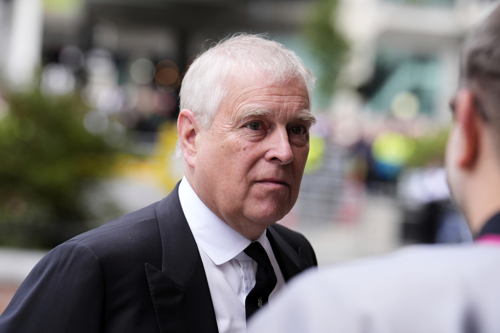 FILE - Prince Andrew arrives for the funeral of the Duchess of Kent at Westminster Cathedral in London, Tuesday, Sept. 16, 2025. (Jordan Pettitt/Pool Photo via AP, file)