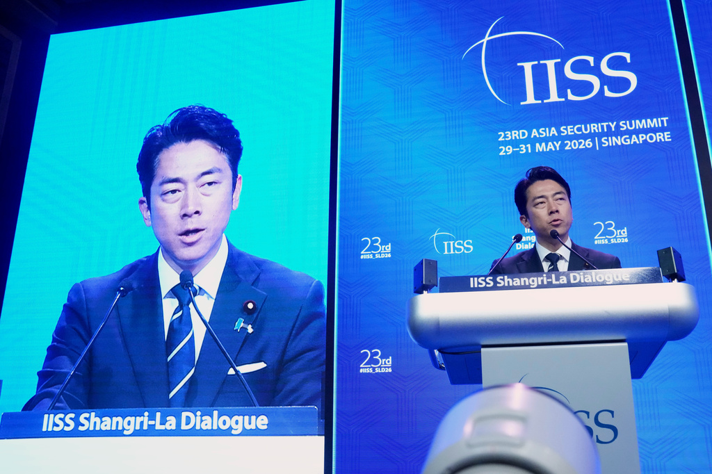 Japan's Defense Minister Shinjiro Koizumi delivers a speech during the Shangri-La Dialogue, Asia's annual defense and security forum, in Singapore, Sunday, May 31, 2026. (AP Photo/Achmad Ibrahim)