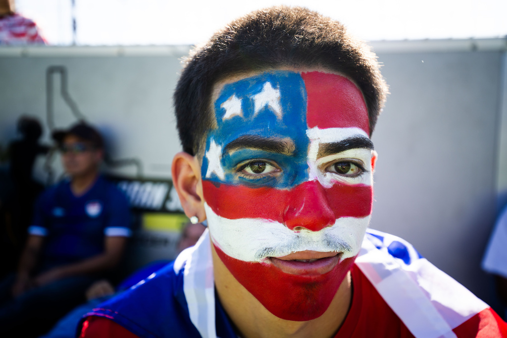 A fan attends a watch party for a World Cup Round of 32 soccer match between the United States and Bosnia in Carson, Calif., Wednesday, July 1, 2026. (AP Photo/Ethan Swope)