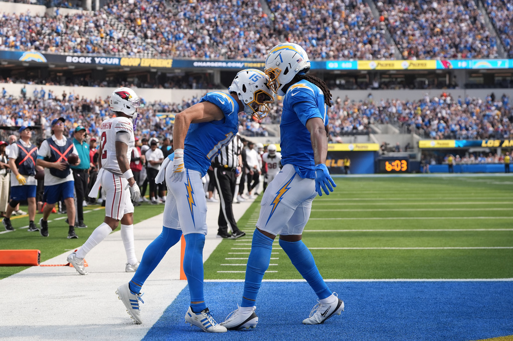 Los Angeles Chargers wide receiver Ladd McConkey (15) is congratulated by wide receiver Quentin Johnston (1) after scoring against the Arizona Cardinals during the second half of an NFL football game, Sunday, Sept. 13, 2026, in Inglewood, Calif. (AP Photo/Gregory Bull)