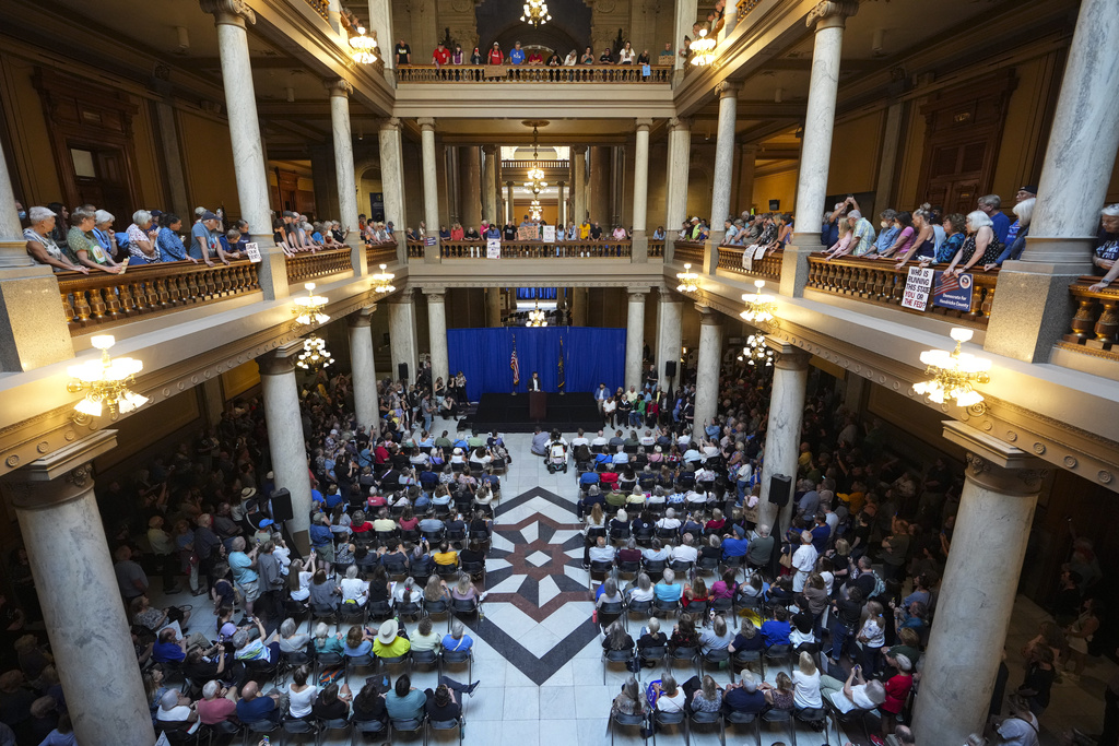 Former Transportation Secretary Pete Buttigieg speaks at a rally at the Statehouse in Indianapolis, Thursday, Sept. 18, 2025 for Indiana Democrats amid pressure from President Donald Trump on Republicans who control the state's legislature to redistrict congressional seats. (AP Photo/Michael Conroy)