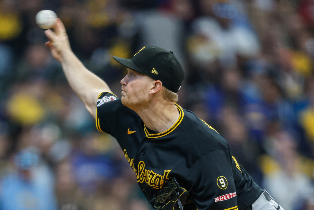 Pittsburgh Pirates pitcher Mitch Keller throws to the Milwaukee Brewers during the first inning of a baseball game Saturday, April 25, 2026, in Milwaukee. (AP Photo/Jeffrey Phelps)