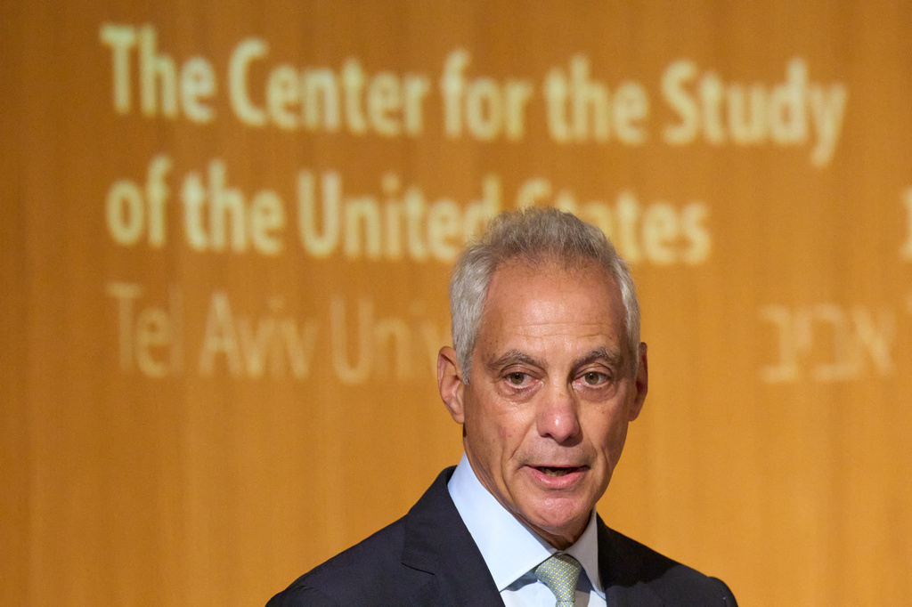 Rahm Emanuel, a potential Democratic presidential candidate and longtime defender of Israel speaks in Tel Aviv University, Israel , Wednesday, July 8, 2026. (AP Photo/Ariel Schalit)