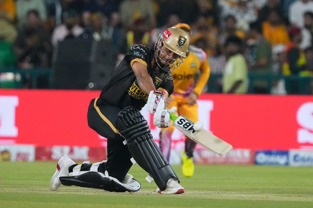 Hyderabad Kingsmen's Saim Ayub plays a shot during the Pakistan Super League final cricket match between Peshawar Zalmi and Hyderabad Kingsmen, in Lahore, Pakistan, Sunday, May 3, 2026. (AP Photo/K.M. Chaudary)