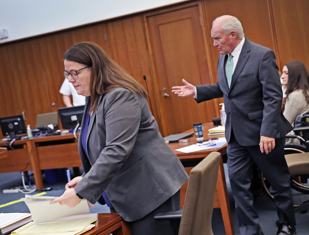 Prosecutor Jennifer Sprague rests her case as defense attorney Kevin Reddington gets in one last question to rebuttal witness Dr. Gregory Saathoff during the Lindsay Clancy murder trial at Plymouth Superior Court in Plymouth, Mass. on Wednesday, August 26, 2026. (Greg Derr/The Patriot Ledger via AP, Pool)