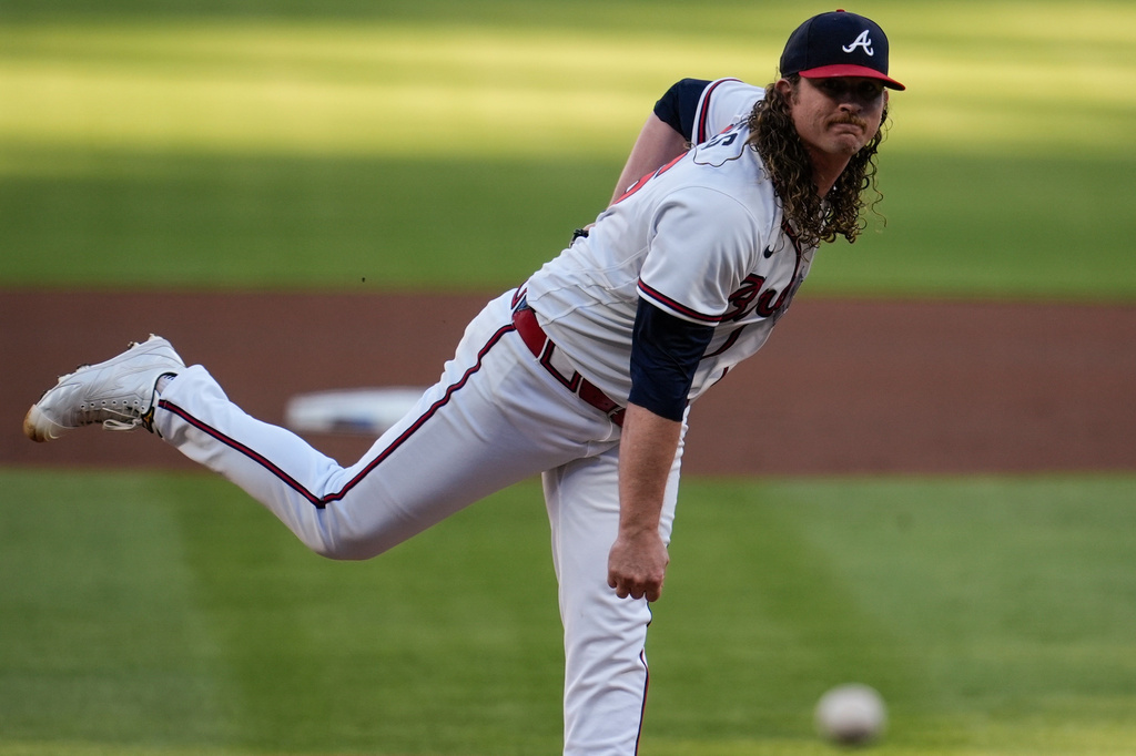 Atlanta Braves pitcher Grant Holmes (66) works against the Toronto Blue Jays in the first inning of a baseball game, Wednesday, June 3, 2026, in Atlanta. (AP Photo/Mike Stewart)