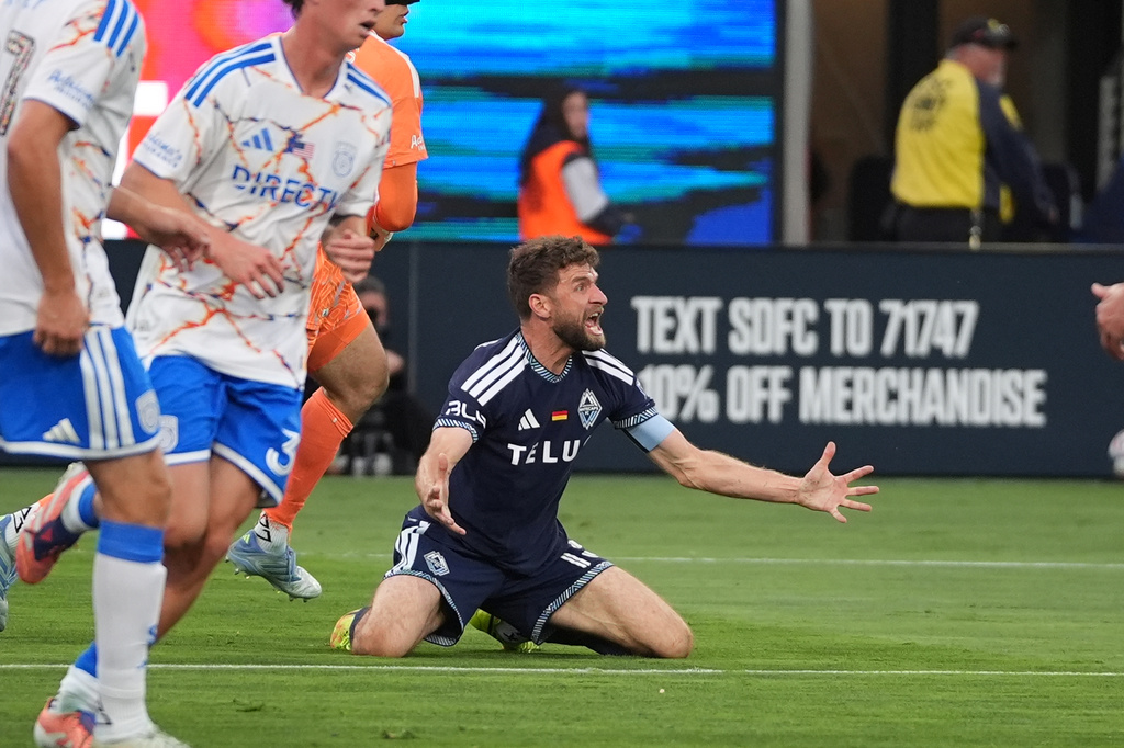 Vancouver Whitecaps FC midfielder Thomas Müller complains during the first half of an MLS soccer match against the San Diego FC Saturday, May 23, 2026, in San Diego. (AP Photo/Gregory Bull)