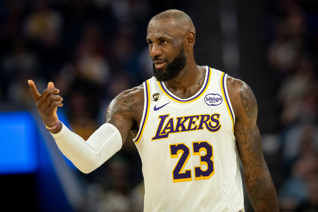 Los Angeles Lakers forward LeBron James (23) gestures during the second quarter of his NBA basketball game against the Golden State Warriors in San Francisco, Saturday, Feb. 28, 2026. (Stephen Lam/San Francisco Chronicle via AP)