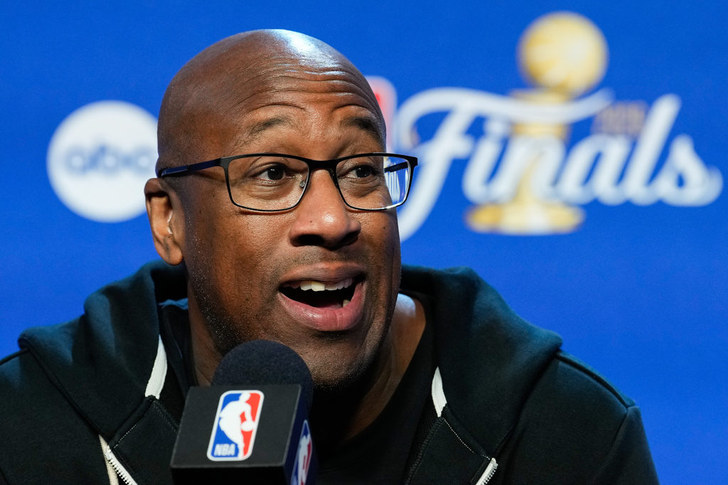 New York Knicks head coach Mike Brown speaks during a news conference prior to Game 5 of the NBA Finals basketball series against the San Antonio Spurs, Friday, June 12, 2026, in San Antonio. (AP Photo/Ross D. Franklin)