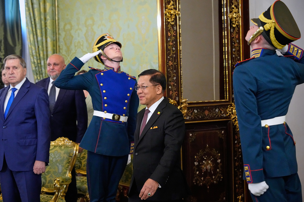 Myanmar President Min Aung Hlaing enters a hall for a meeting with Russian President Vladimir Putin at the Grand Kremlin Palace, in Moscow, Tuesday, Aug. 18, 2026. (AP Photo/Alexander Zemlianichenko, Pool)