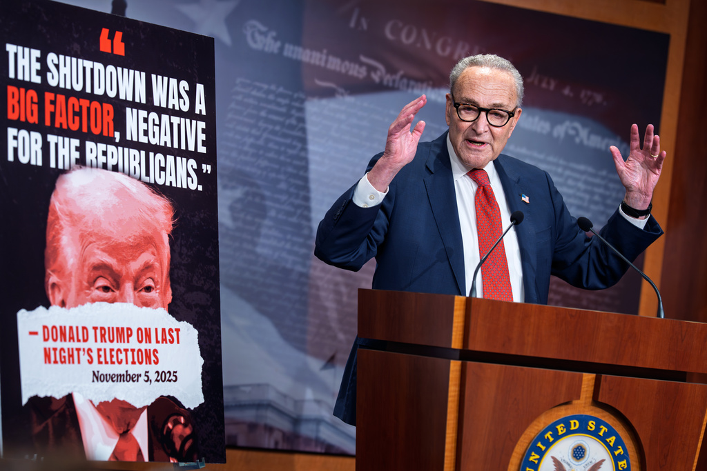 Senate Minority Leader Chuck Schumer, D-N.Y., speaks to reporters about Democratic victories on Election Day, at the Capitol in Washington, Wednesday, Nov. 5, 2025, day 36 of the government shutdown. (AP Photo/J. Scott Applewhite)