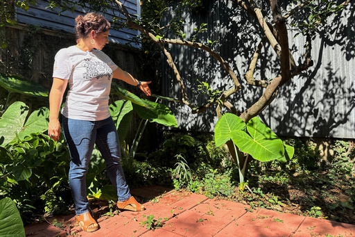 New Orleans resident Daniella Santoro points out the spot in her backyard where her family discovered a 1,900-year-old gravestone for a Roman sailor that had been missing for decades from an Italian museum, on Thursday, Oct. 9, 2025. (AP Photo/Jack Brook) New Orleans resident Daniella Santoro points out the spot in her backyard where her family discovered a 1,900-year-old gravestone for a Roman sailor that had been missing for decades from an Italian museum, on Thursday, Oct. 9, 2025. (AP Photo/Jack Brook)