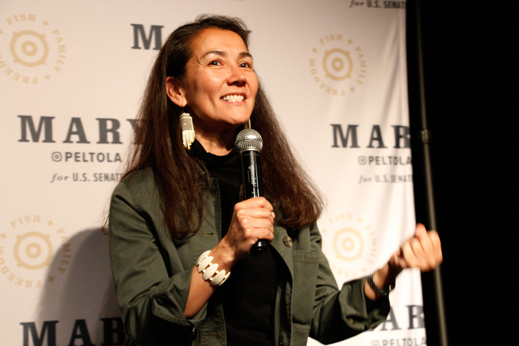 FILE - Mary Peltola, a Democrat running for the U.S. Senate seat in Alaska, addresses supporters at an election watch party Tuesday, Aug. 18, 2026, in Anchorage, Alaska. (AP Photo/Mark Thiessen,File)