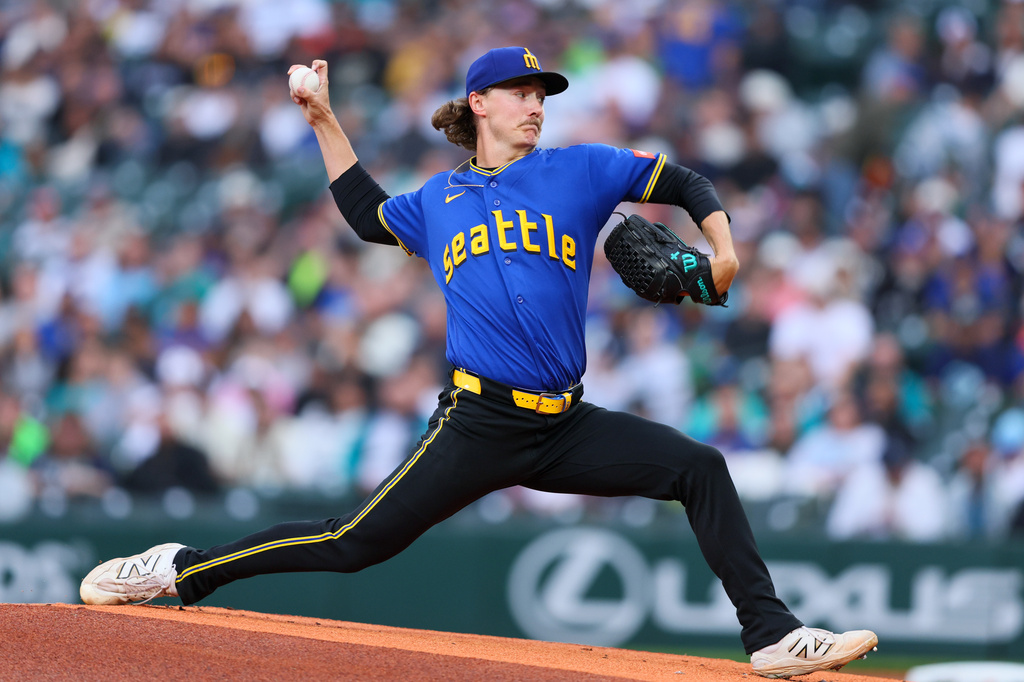 Seattle Mariners pitcher Bryce Miller delivers in the first inning of a baseball game against the Los Angeles Angels, Thursday, July 2, 2026, in Seattle. (AP Photo/Kevin Ng)