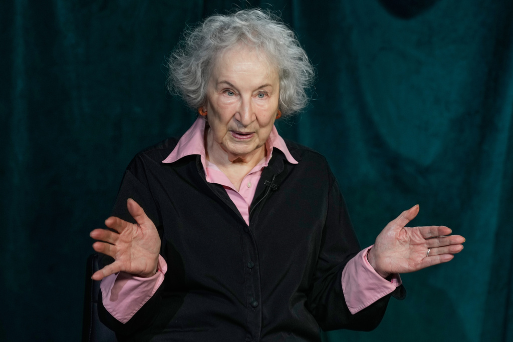 Author Margaret Atwood appears during an interview in New York on Thursday, Nov. 6, 2025. (AP Photo/Richard Drew)