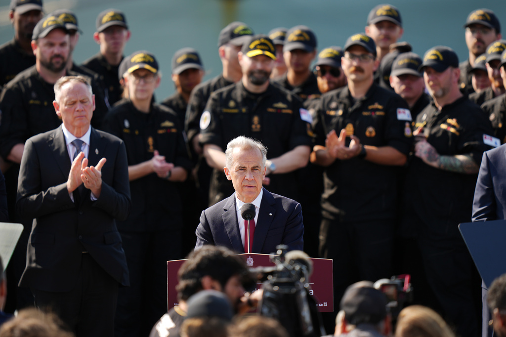 Canada Prime Minister Mark Carney makes an announcement at HMC Dockyard in Halifax on Monday, July 6, 2026. (Darren Calabrese/The Canadian Press via AP)