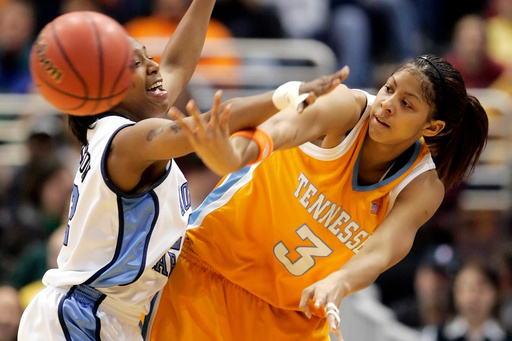 FILE - Tennessee's Candace Parker (3) passes around North Carolina's La'Tangela Atkinson in the first half of the NCAA college basketball tournament regional final, Tuesday, March 28, 2006, in Cleveland. (AP Photo/Amy Sancetta, File) FILE - Tennessee's Candace Parker (3) passes around North Carolina's La'Tangela Atkinson in the first half of the NCAA college basketball tournament regional final, Tuesday, March 28, 2006, in Cleveland. (AP Photo/Amy Sancetta, File)
