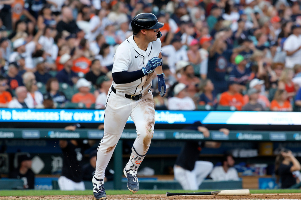 Detroit Tigers' Spencer Torkelson watches his three-run home run against the Athletics during the fifth inning of a baseball game Wednesday, July 8, 2026, in Detroit. (AP Photo/Duane Burleson)