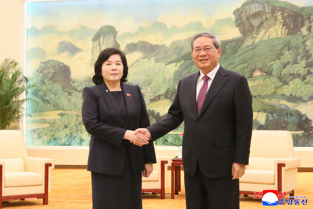 This photo provided on Sept. 30, 2025, by the North Korean government, Chinese Premier Li Qiang, right, meets with North Korean Foreign Minister Choe Son Hui at the Great Hall of the People in Beijing, Monday, Sept. 29, 2025. Independent journalists were not given access to cover the event depicted in this image distributed by the North Korean government. The content of this image is as provided and cannot be independently verified. Korean language watermark on image as provided by source reads: "KCNA" which is the abbreviation for Korean Central News Agency. (Korean Central News Agency/Korea News Service via AP)