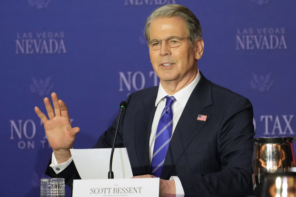 Treasury Secretary Scott Bessent speaks at a roundtable event with President Donald Trump about no tax on tips, Thursday, April 16, 2026, in Las Vegas. (AP Photo/Lucas Peltier)