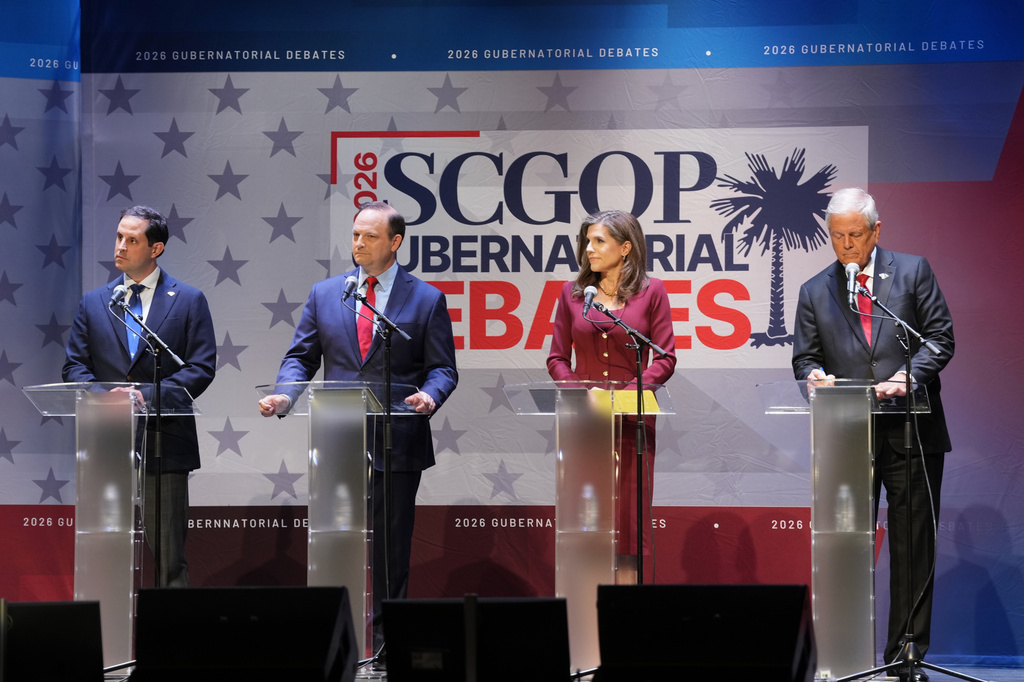 FILE - State Sen. Josh Kimbrell, from left, Attorney General Alan Wilson, Reps. Nancy Mace and Ralph Norman listen to instruction from moderators for a South Carolina GOP gubernatorial candidate debate, April 1, 2026, in Newberry, S.C. (AP Photo/Meg Kinnard, File)