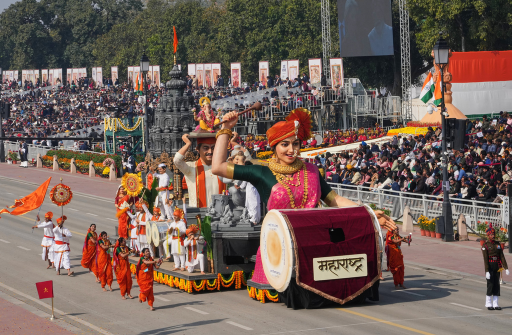 A tableaux depicting the Indian state of Maharashtra drives past during the Republic Day parade celebrations in New Delhi, India, Monday, Jan. 26, 2026. (AP Photo/Manish Swarup)