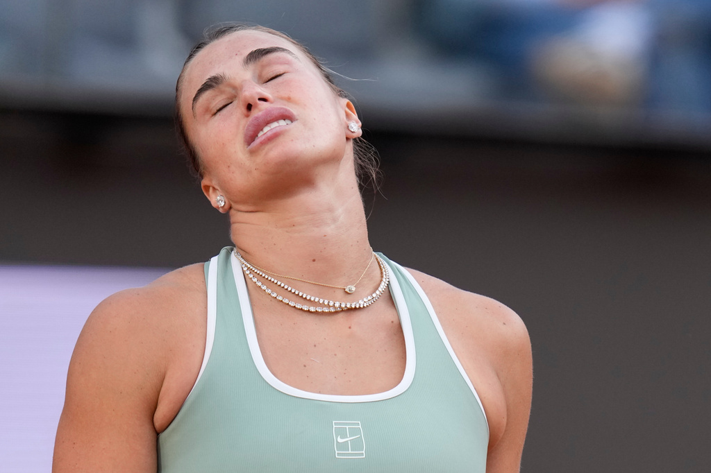 Belarus' Aryna Sabalenka reacts during the match against Romania's Sorana Cirstea at the Italian Open tennis tournament in Rome, Saturday, May 9, 2026. (AP Photo/Alessandra Tarantino)