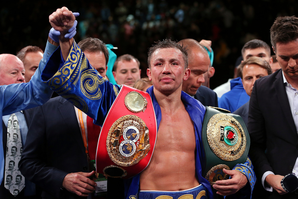 FILE - Gennadiy Golovkin reacts after defeating Sergiy Derevyanchenko in a unanimous decision in their IBF middleweight championship title bout at Madison Square Garden in New York on Saturday, Oct. 5, 2019. (AP Photo/Rich Schultz, File)