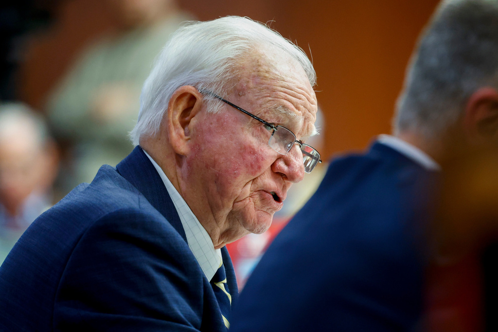 State Sen. Max Burns, R-Sylvania, speaks at a committee meeting at the Paul D. Coverdell Legislative Office Building in Atlanta on Tuesday, March 17, 2026, to consider legislation sponsored by Burns to push back the deadline to stop counting votes with QR codes. (Arvin Temkar/Atlanta Journal-Constitution via AP)