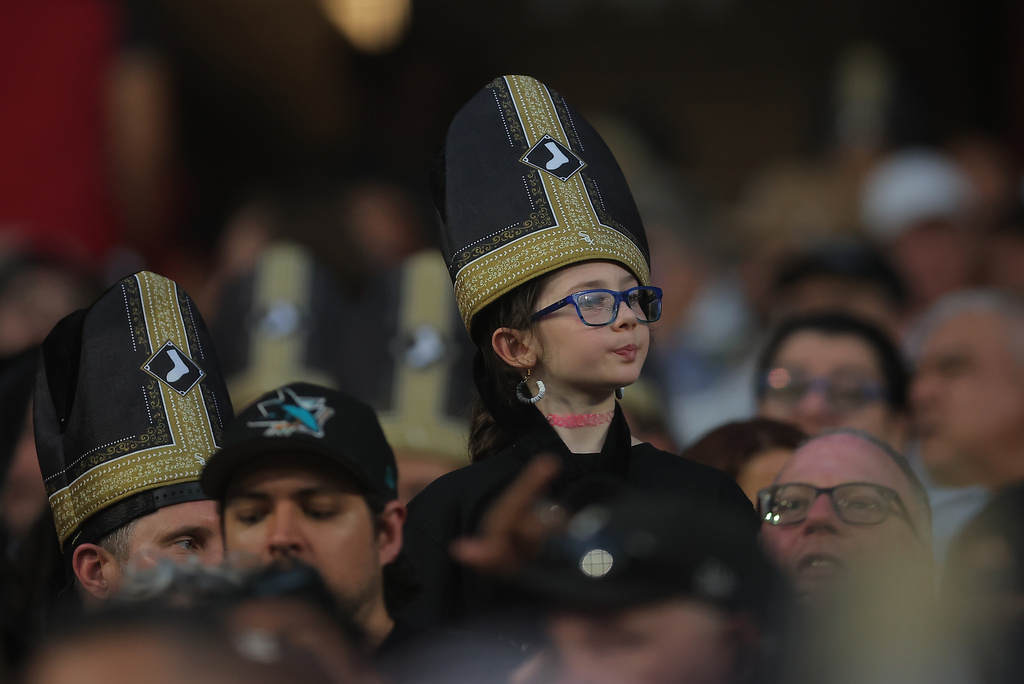 A fan wears a promotional pope hat during a baseball game between the Cincinnati Reds and Chicago White Sox, Tuesday, Aug. 11, 2026, in Chicago. (AP Photo/Melissa Tamez)