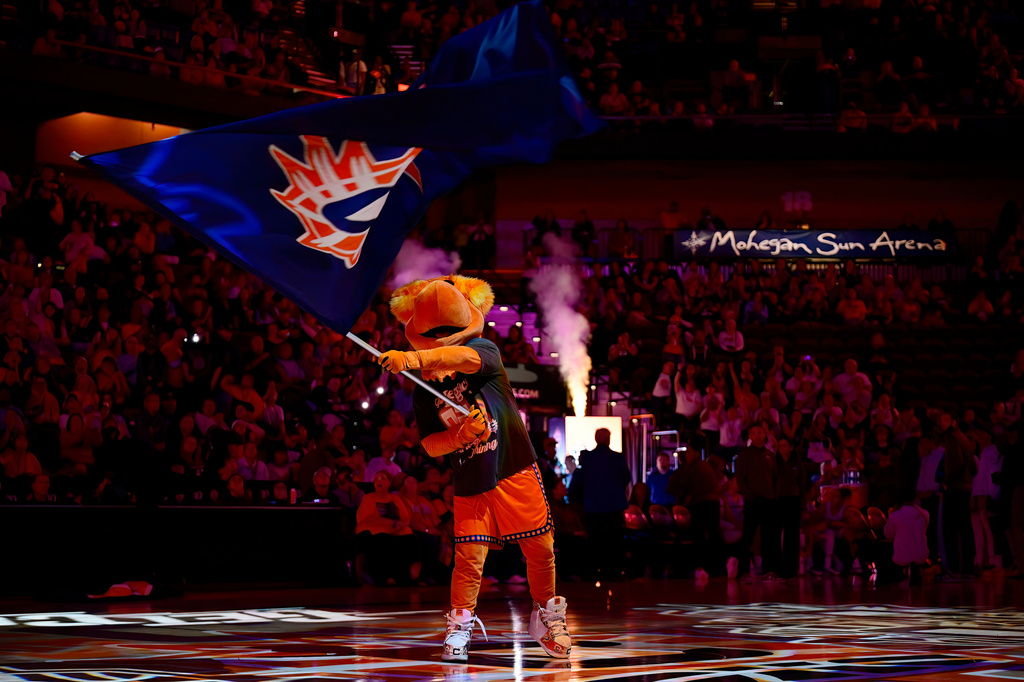 Connecticut Sun mascot Blaze waves a flag with the team's logo before the last Sun WNBA basketball home game, against the Toronto Tempo, Thursday, Sept. 24, 2026, in Uncasville, Conn. (AP Photo/Jessica Hill)