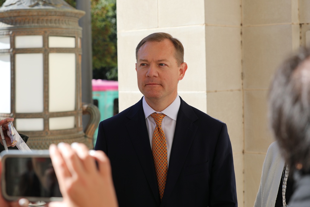 Republican South Carolina Sen. Wes Climer talks about his case suing the state General Assembly over a pay raise outside the South Carolina Supreme Court building in Columbia, S.C., on Wednesday, Oct. 22, 2025.. (AP Photo/Jeffrey Collins)