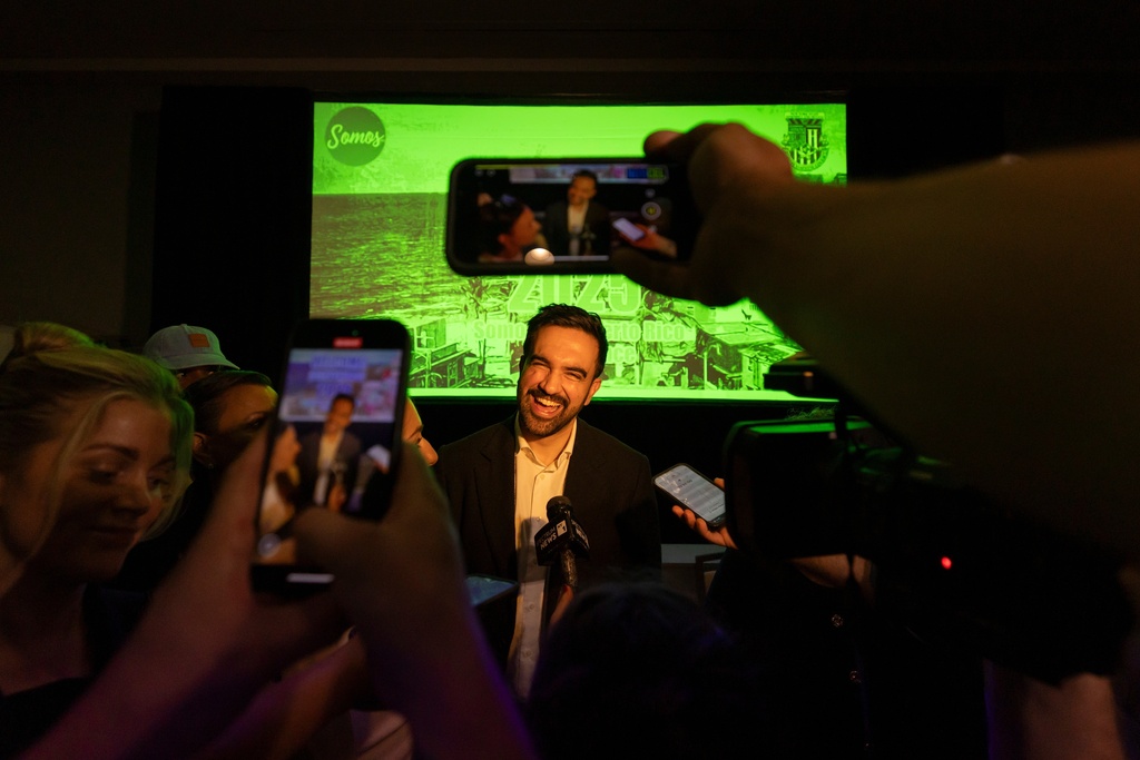 New York City Mayor-elect Zohran Mamdani meets with reporters during the SOMOS Puerto Rico conference at the Caribe Hilton Hotel in San Juan, Puerto Rico, Nov. 6, 2025. (AP Photo/Alejandro Granadillo)
