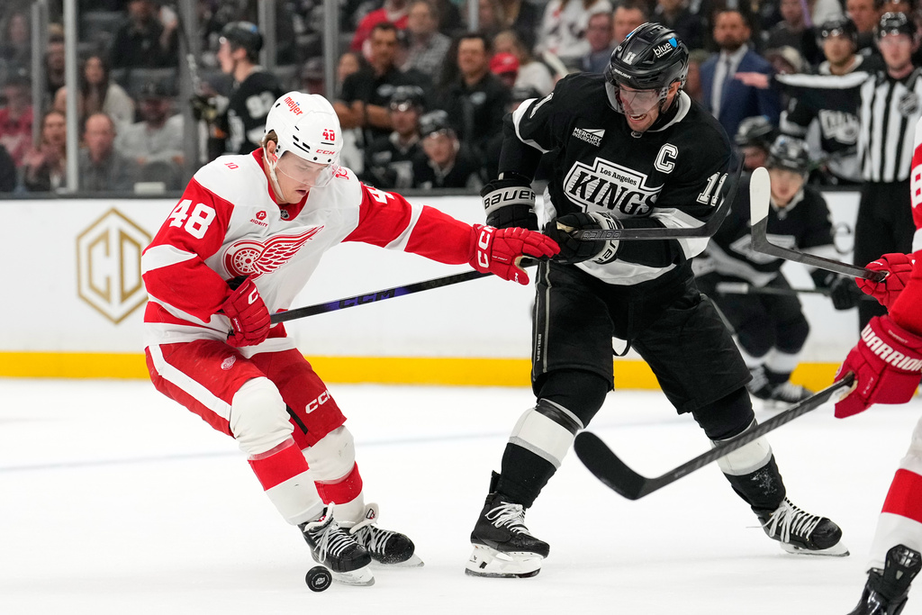 Detroit Red Wings right wing Jonatan Berggren, left, and Los Angeles Kings center Anze Kopitar battle for the puck during the second period of an NHL hockey game Thursday, Oct. 30, 2025, in Los Angeles. (AP Photo/Mark J. Terrill)