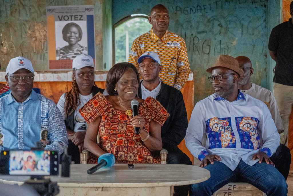 Presidential candidate Simone Ehivet Gbagbo speaks during a rally in Guiberoua, Ivory Coast, Tuesday, Oct 14, 2025. (AP Photo/ Marine Jeannin)