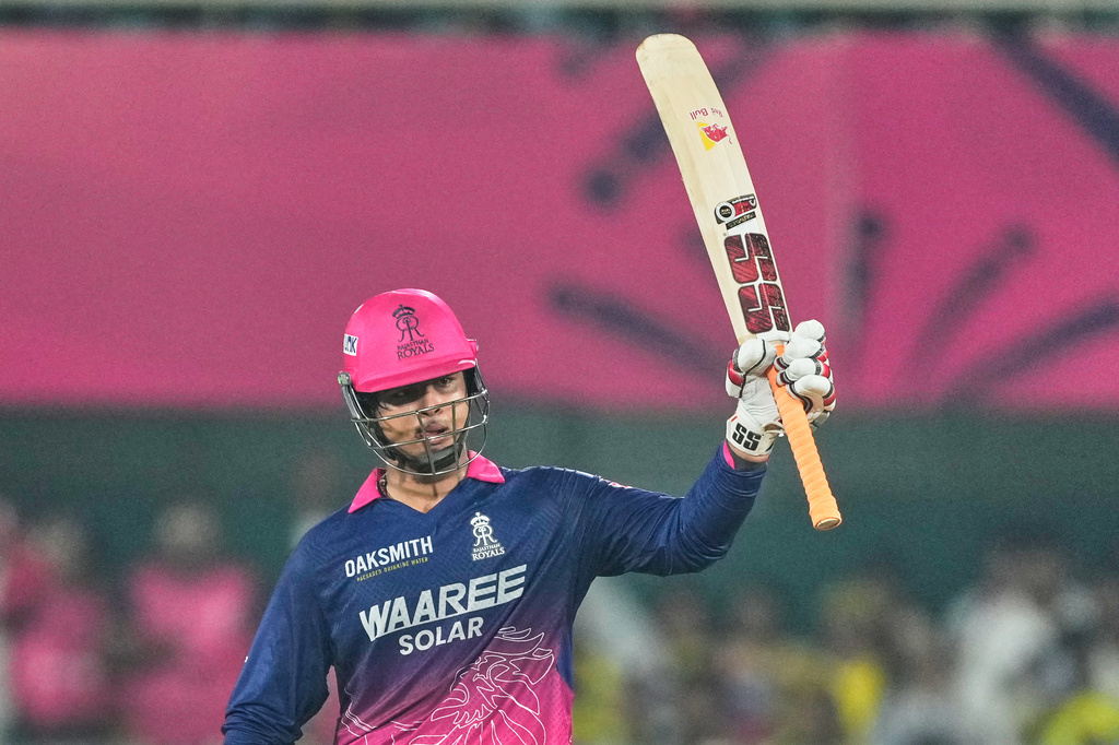 Rajasthan Royals' Vaibhav Sooryavanshi celebrates his fifty runs during the Indian Premier League cricket match between Chennai Super Kings and Rajasthan Royals in Guwahati, India, Monday, March 30, 2026. (AP Photo/Anupam Nath)