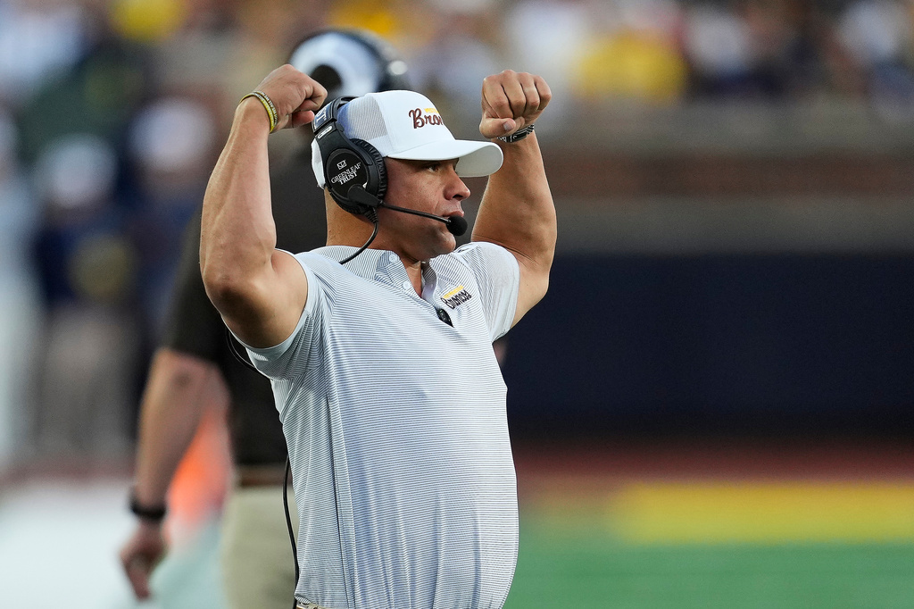 Western Michigan head coach Lance Taylor watches against Michigan during the first half of an NCAA college football game Saturday, Sept. 5, 2026, in Ann Arbor, Mich. (AP Photo/Paul Sancya)