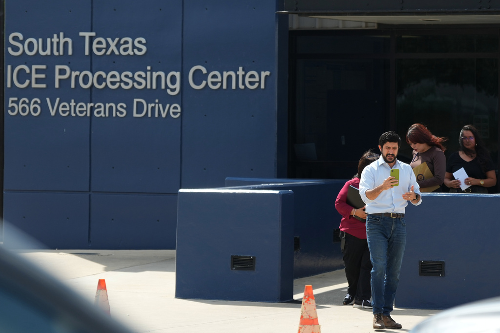 U.S. Rep. Greg Casar and members of his staff leave the South Texas ICE Processing Center where he visited with Wilber Rafael Garces Perez, a Venezuelan man shot by an ICE officer, in Pearsall, Texas, Wednesday, Sept. 23, 2026. (AP Photo/Eric Gay)