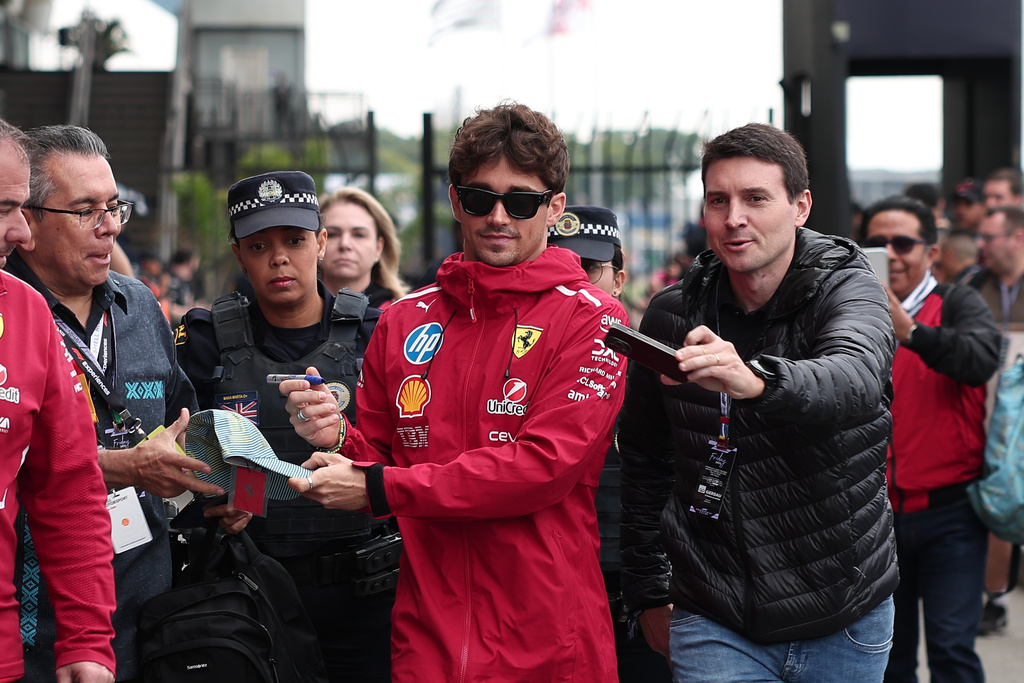 Ferrari driver Charles Leclerc of Monaco, arrives at the Interlagos race track ahead of the Brazilian Formula One Grand Prix in Sao Paulo, Friday, Nov. 7, 2025. (AP Photo/Ettore Chiereguini)