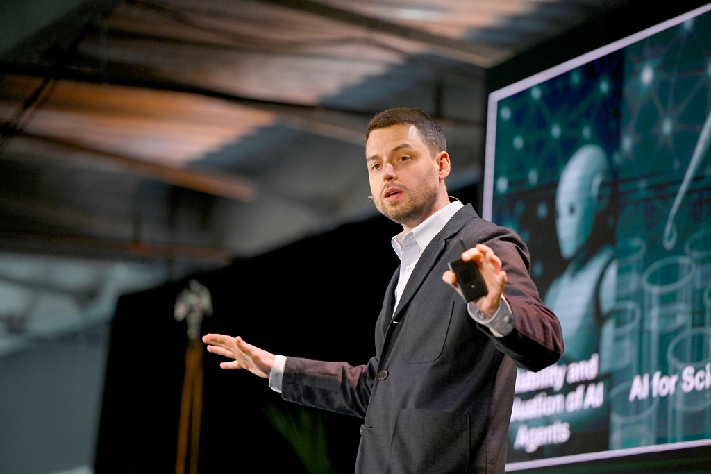 Carnegie Mellon University Head of Machine Learning, Zico Kolter delivers a keynote speech at AI Horizons Summit in Bakery Square on Thursday, Sept. 11, 2025 in Pittsburgh. (Sebastian Foltz/Pittsburgh Post-Gazette via AP)