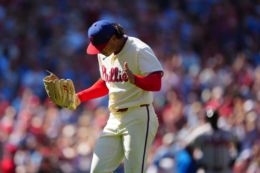 Philadelphia Phillies pitcher Jesús Luzardo reacts after striking out Atlanta Braves' Austin Riley during the eighth inning of a baseball game, Monday, Sept. 7, 2026, in Philadelphia. (AP Photo/Derik Hamilton)