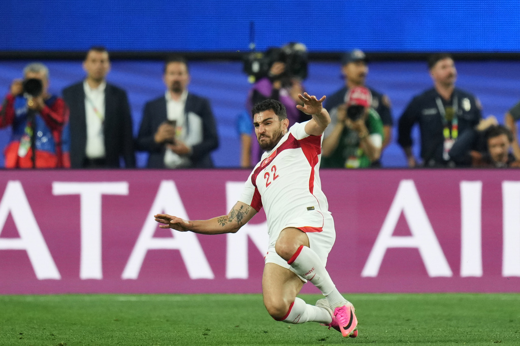 Turkey's Kaan Ayhan celebrates scoring his side's third goal against the United States during the World Cup Group D soccer match in Inglewood, Calif., near Los Angeles, Thursday, June 25, 2026. (AP Photo/Andre Penner)