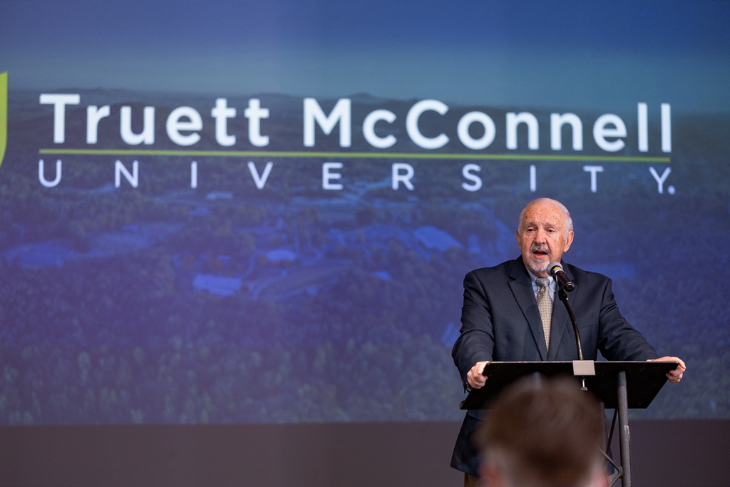 Truett McConnell University Interim President Dr. John O. Yarbrough speaks during a news conference at the school’s Cleveland, Ga., campus on Friday, Sept, 26, 2025. (Daniel Purcell/NowHabersham.com via AP)