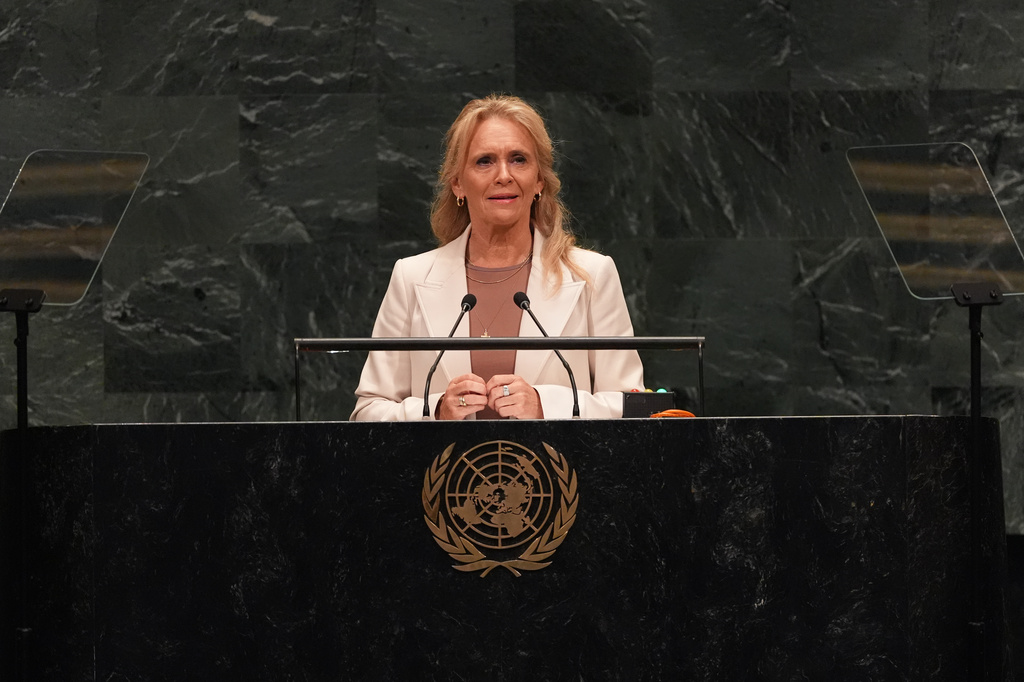 Foreign Minister Thorgerour Katrín Gunnarsdottir of Iceland speaks during the 81st session of the United Nations General Assembly at United Nations headquarters, Saturday, Sept. 26, 2026. (AP Photo/Heather Khalifa)