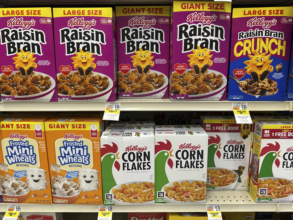 Boxes of Kellogg's breakfast cereal are seen at a super market, Friday, July 11, 2025, in Springfield, Pa. (AP Photo/Matt Slocum)