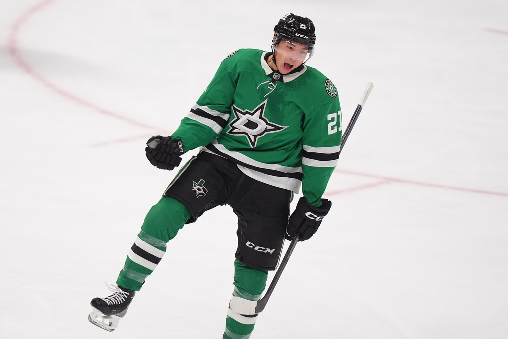 Dallas Stars left wing Jason Robertson reacts in the third period after scoring his third goal of an NHL hockey game against the Philadelphia Flyers Saturday, Nov. 15, 2025, in Dallas. (AP Photo/LM Otero)
